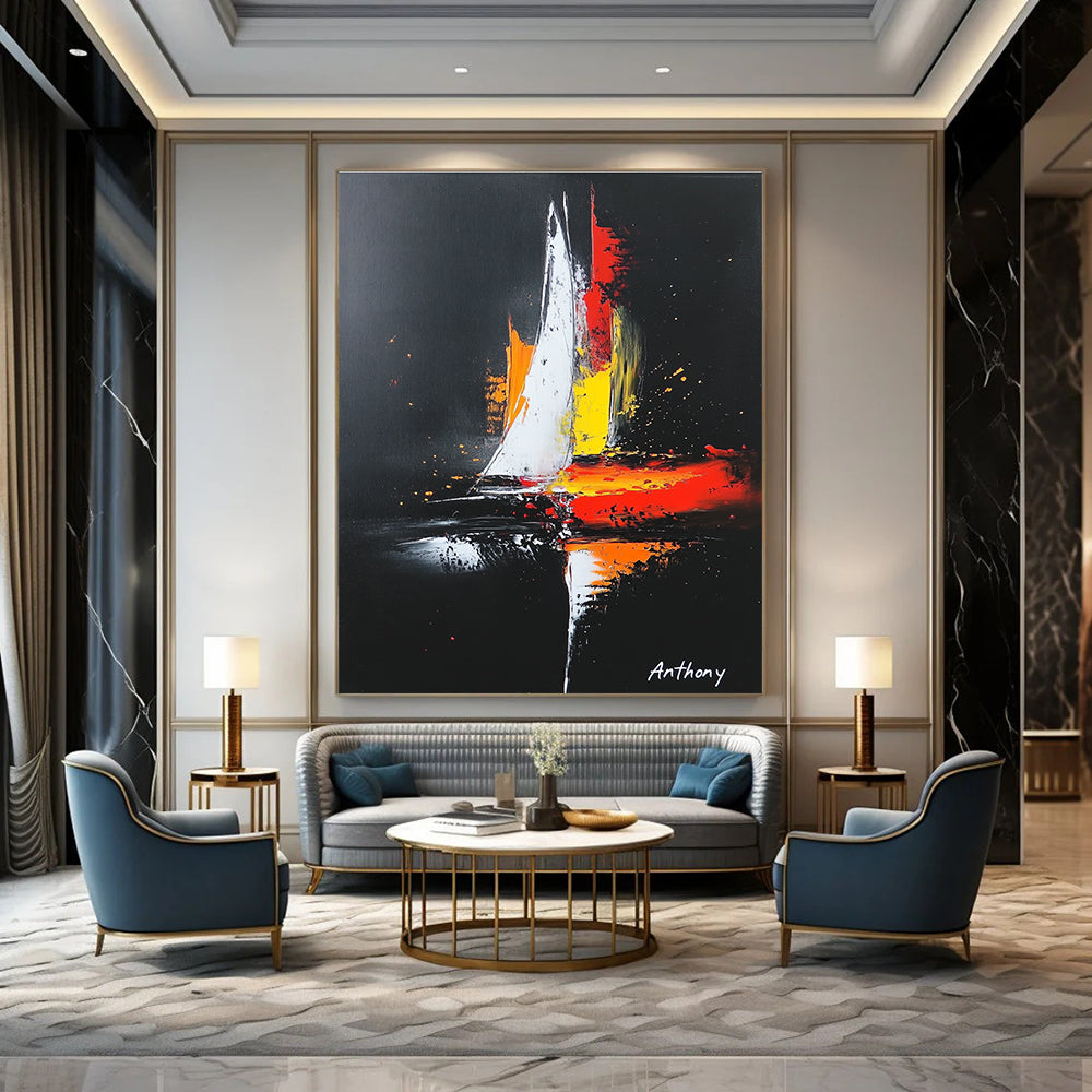 Large abstract painting featuring a sailboat on a black background with white highlights and vibrant red yellow and orange accents in a minimalistic style.STSC815