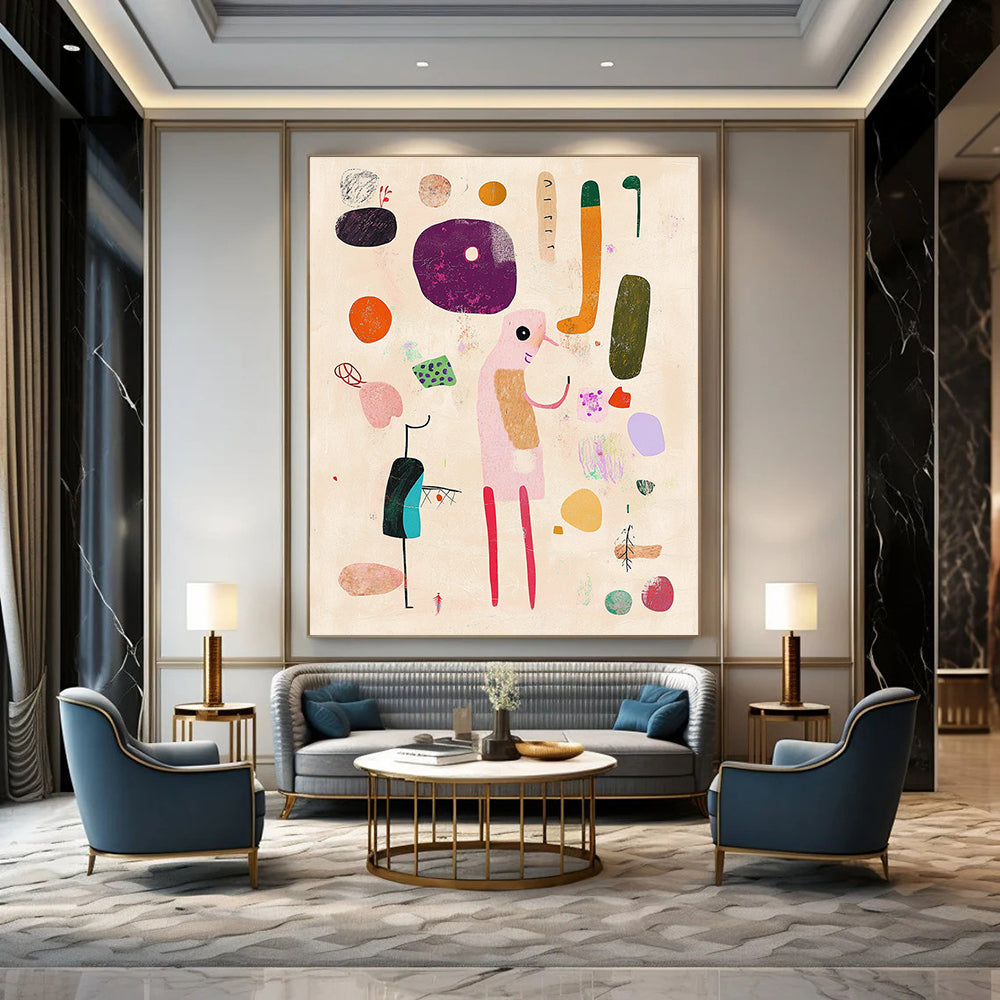 Large abstract artwork featuring hand-drawn shapes and playful lines on a beige background with pink and green accents.STSC1287
