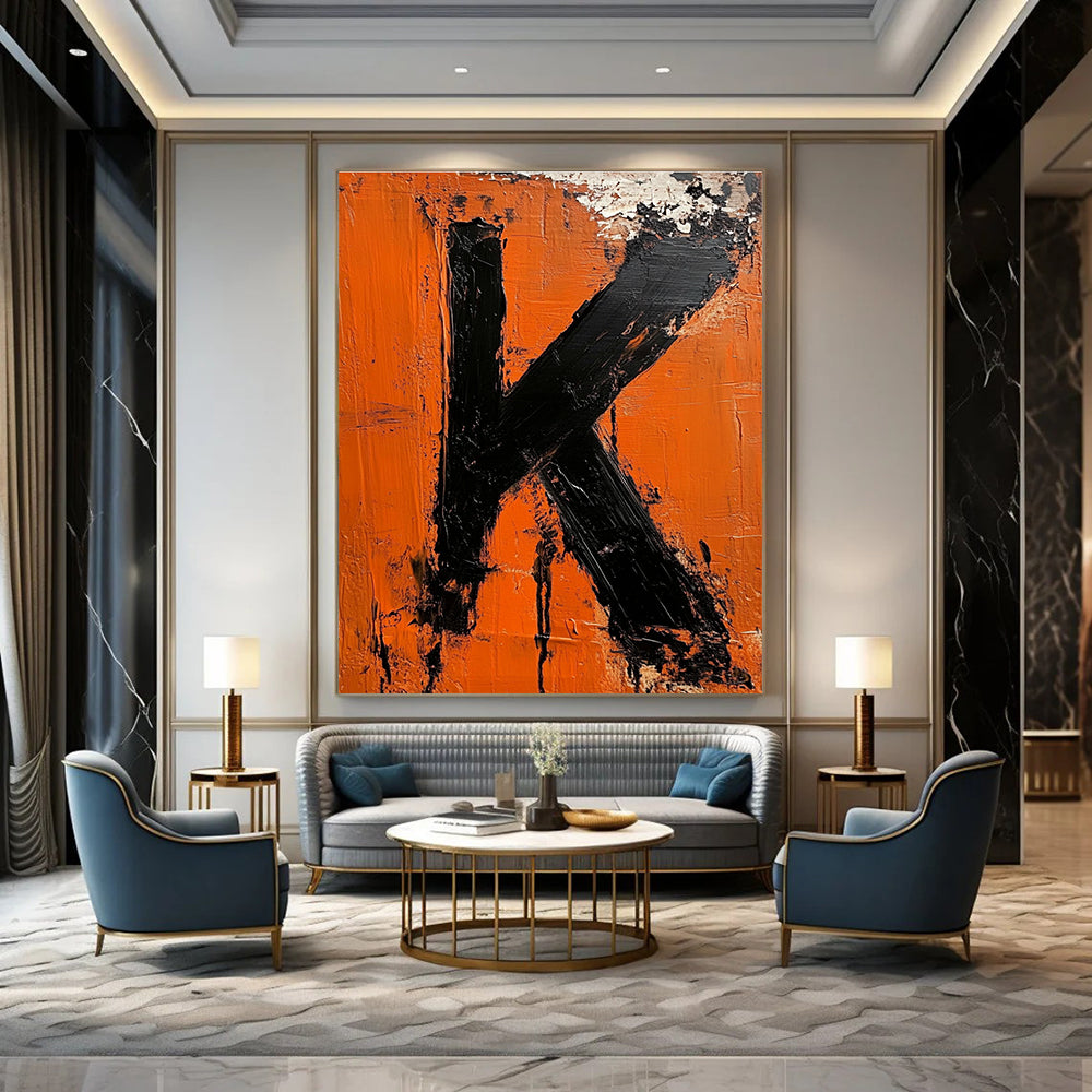 Large abstract impasto oil painting featuring the letter K in vibrant orange and black inspired by minimalist design.STSC1326
