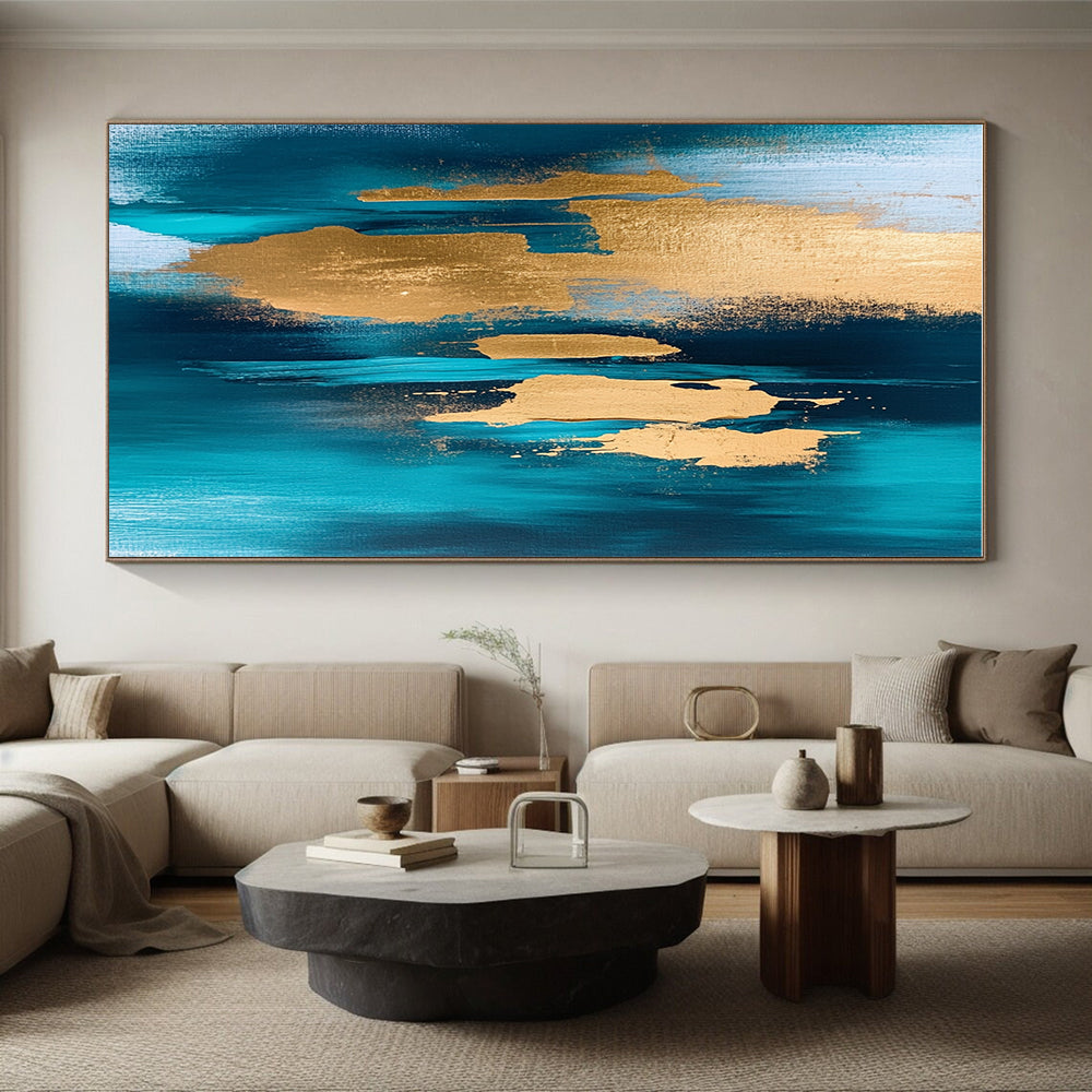 Teal and Gold Abstract Painting with Dynamic Forms GER381