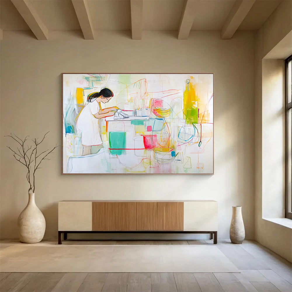 Figurative Kitchen Scene Abstract Painting with Colorful Elements DYP325