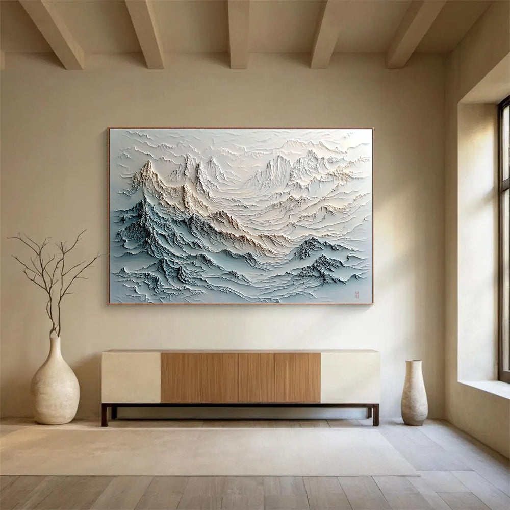 Layered Mountain Range Relief Abstract Painting with Gray and Beige Textures DYP620