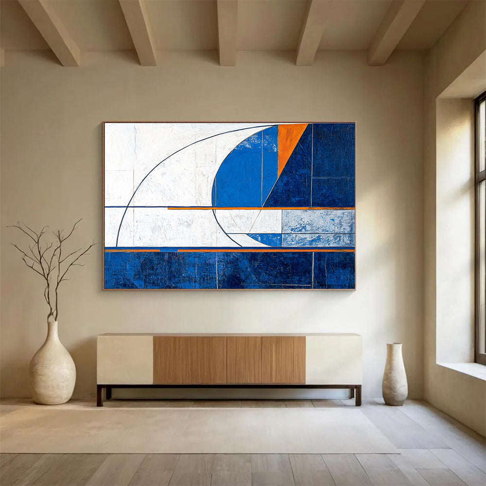 Large abstract painting featuring geometric shapes in blue and white with a modern minimalistic design and dynamic compositions.SC029