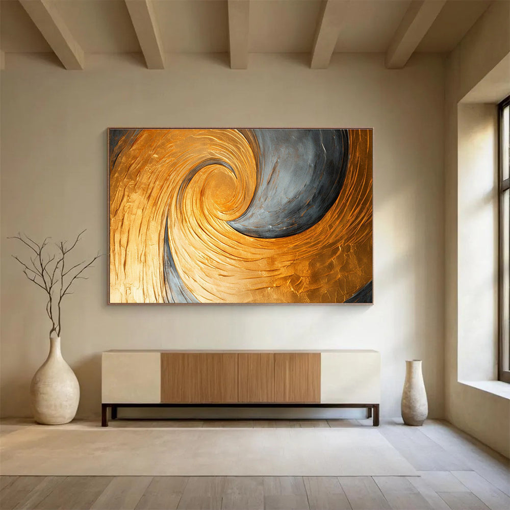 Gold and Grey Spiral Abstract Painting with Metallic Gold and Grey Tones THY176