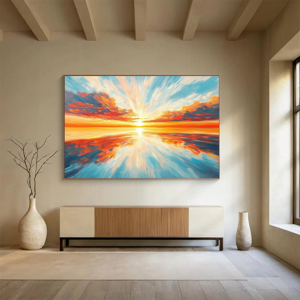Radiant Sunset Sea Abstract Painting with Orange Red and Blue Tones DYP562