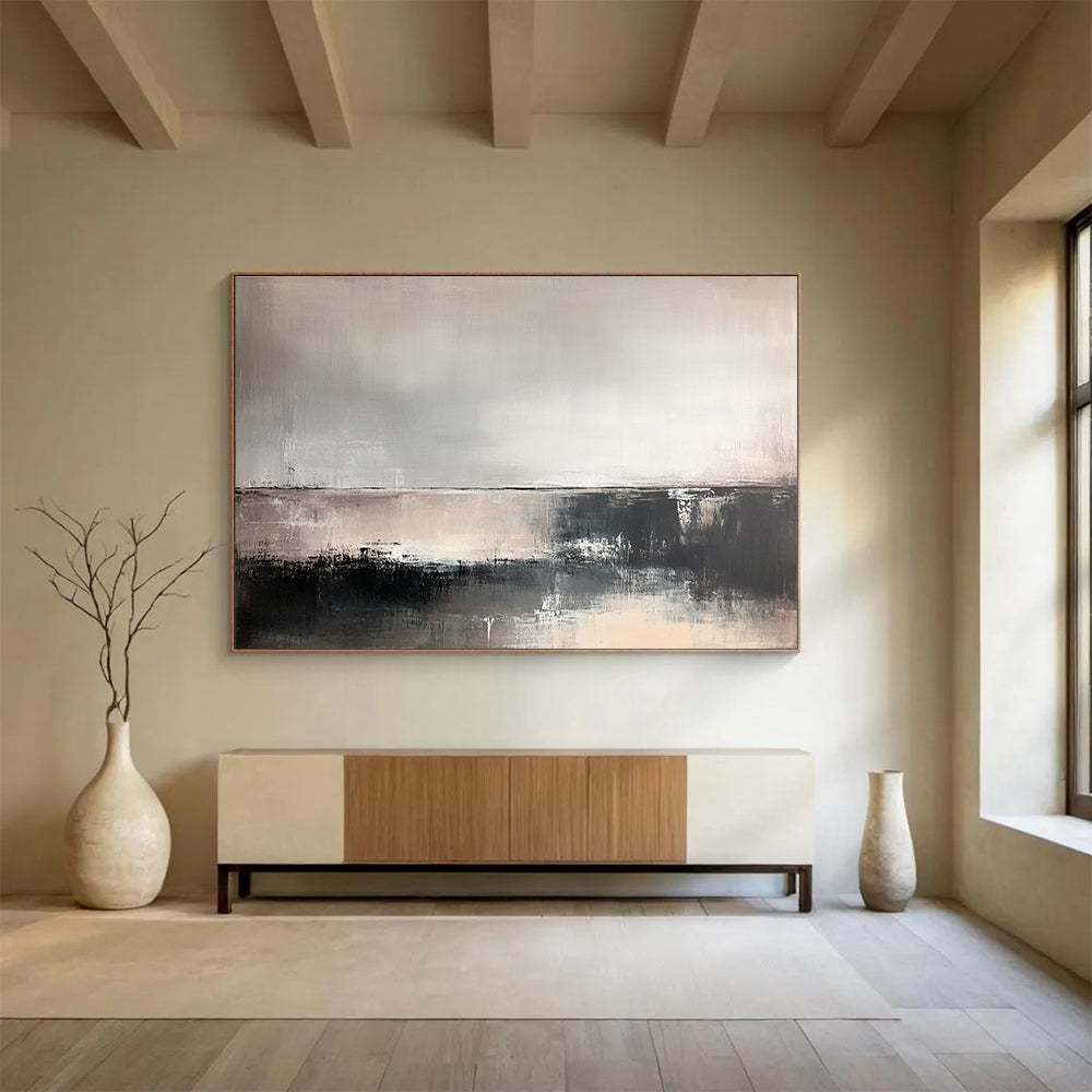 Large abstract painting in soft neutral tones featuring deep textures and a faint horizon line, evoking tranquility and contemplation in an abstract landscape.SC382