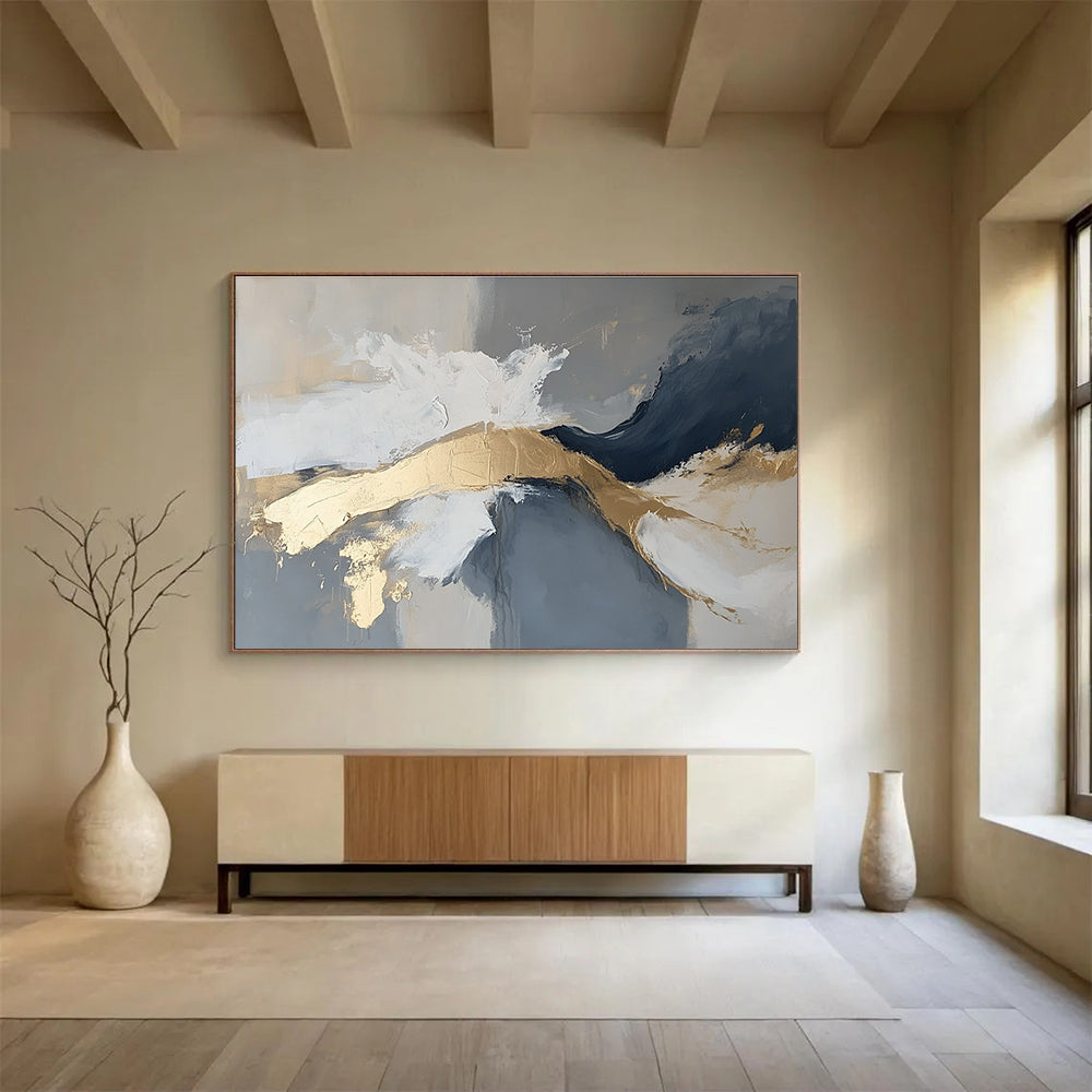 Large abstract painting in gray and white with gold accents, atmospheric and moody, featuring intricate details.SC140