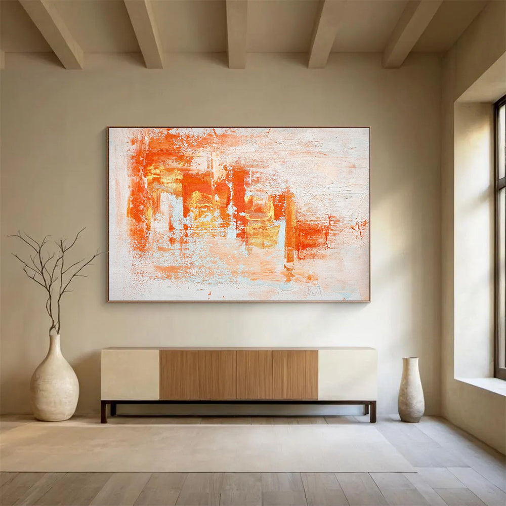 Orange White Abstract Painting with Warm, Energetic Brushstrokes THY377