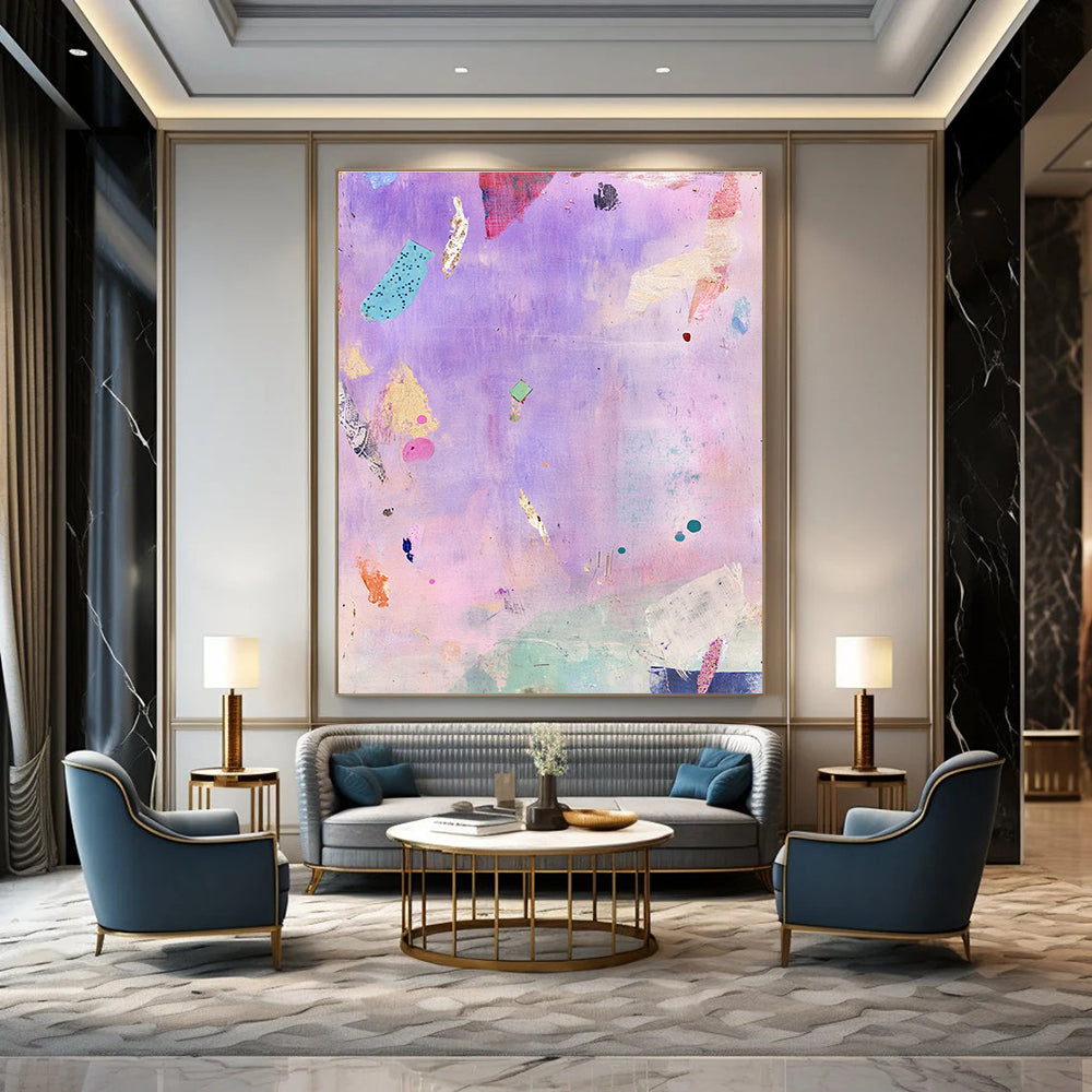 A large abstract painting featuring whimsical floating objects in lavender and pink with vintage fabric pieces and a serene dynamic composition that evokes joy.STSC1207