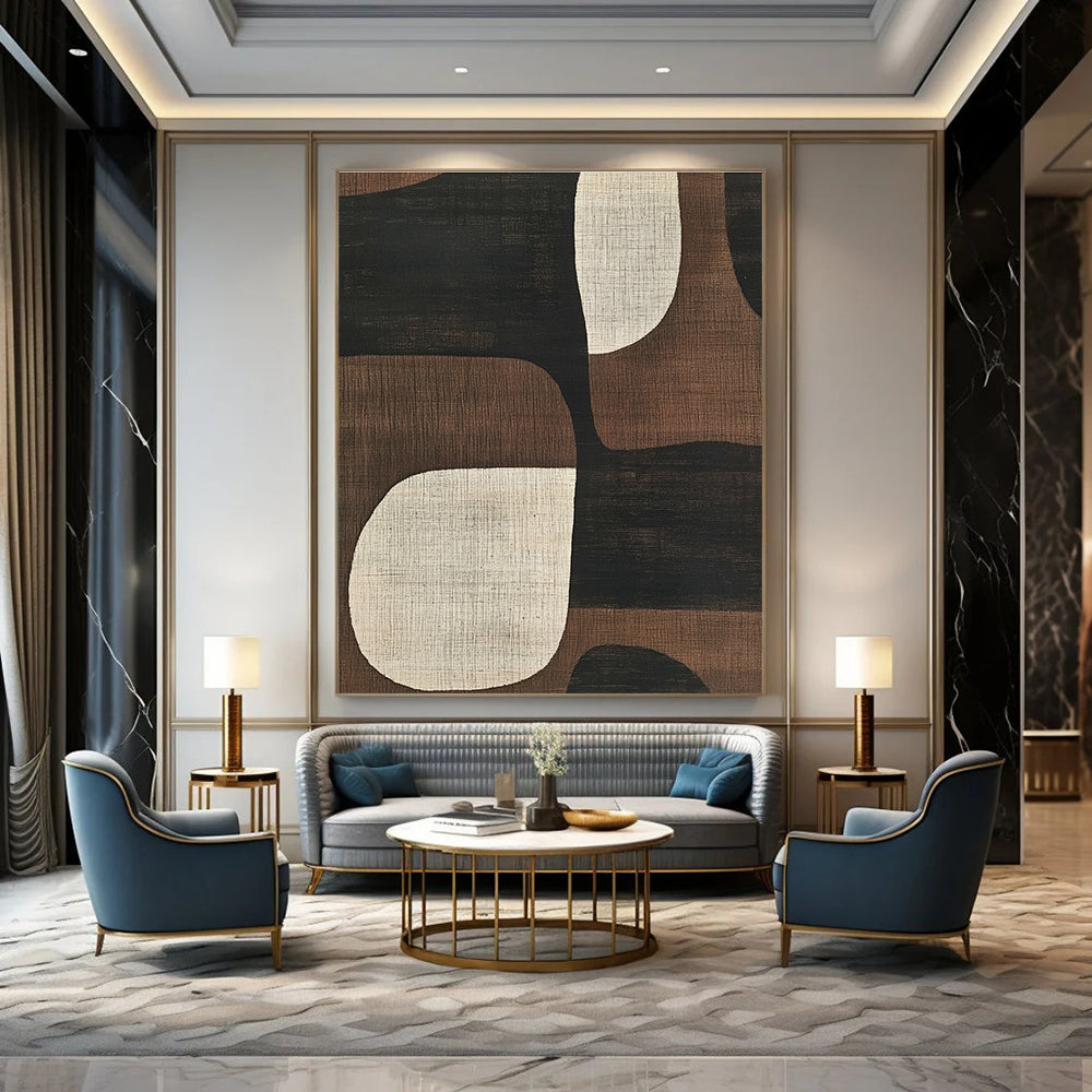 Abstract artwork featuring mid-century modern designs with simple shapes in neutral tones of black brown beige and white enhancing any space.STSC1320