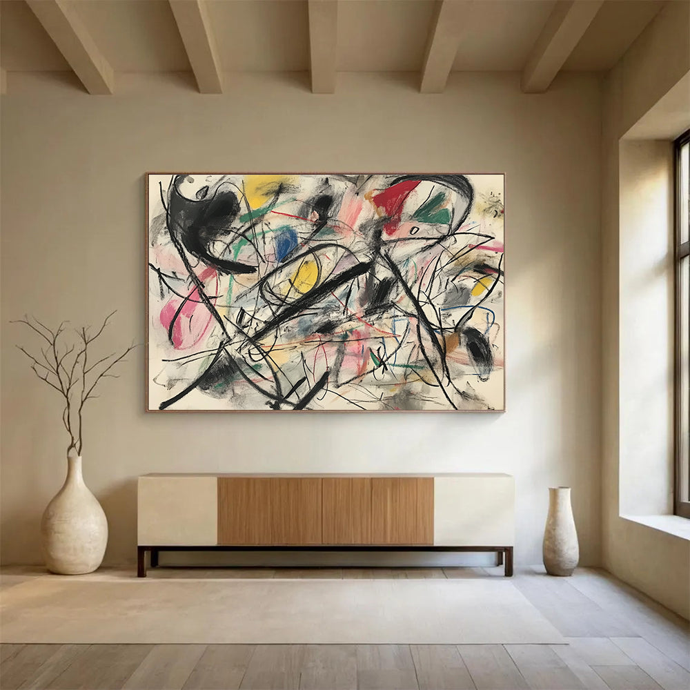 A large abstract painting featuring chaotic movement and energy with bold muted colors creating an exciting composition of fast-moving shapes and lines.SC303