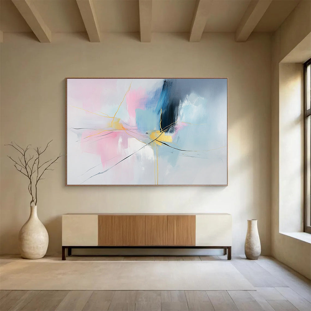 Colorful Abstract with Gold Lines Painting in Pink and Blue DYP441