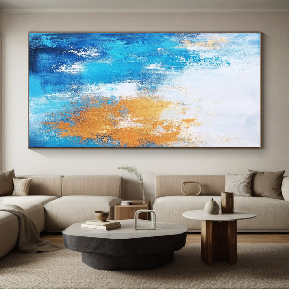 Light Blue and Gold Abstract Painting with Airy Layers GER383