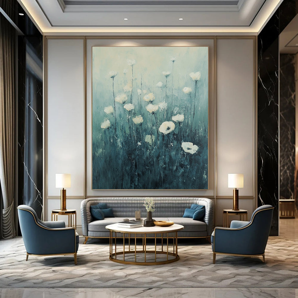 Large abstract painting of white flowers in grass with dreamy hues and impressionist brushstrokes set against a tranquil blue-green gradient contexts.STSC1150