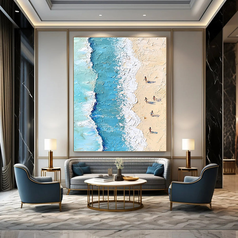 Large Abstract Painting Featuring Soft Pastel Colors Depicting Aerial Beach Scene With People Swimming Ocean Waves And Gentle Sand.STSC854
