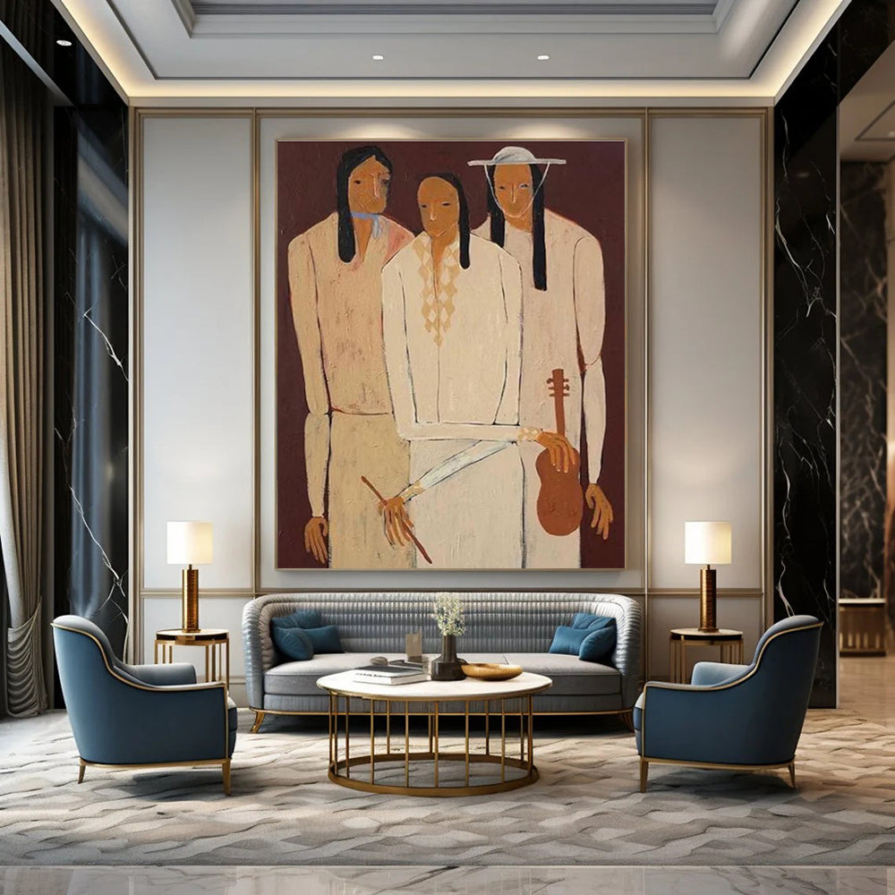 Three Figures in Light Tones on Dark Background Abstract Painting ADGE141