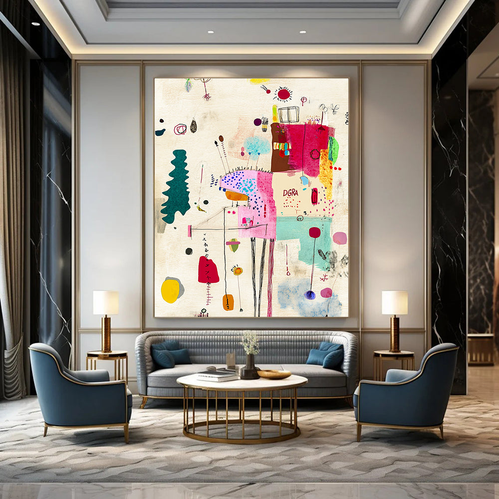 A Large Abstract Art Piece Featuring Sewing Elements Textured Paper Soft Colors Scribbled Lines and the Text DGRA.STSC934