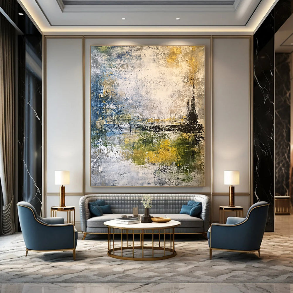 Large abstract painting featuring a misty sky and landscape in muted gray blue green and yellow-brown tones using mixed media techniques.STSC210