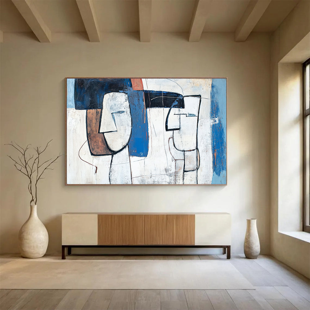 Large abstract painting featuring blue and white figures with brown accents thick lines and simple composition inspired by Picasso's style.SC189