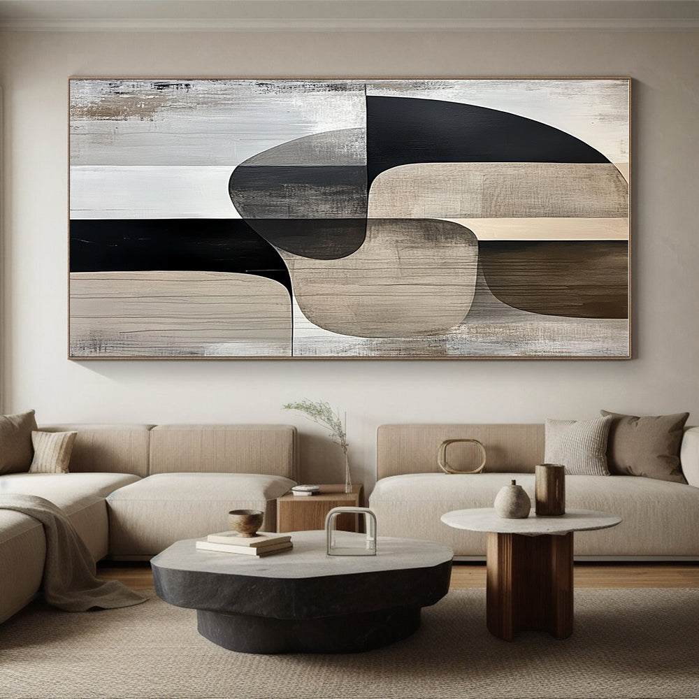 Neutral Shapes Abstract Painting with Black and Beige GER694