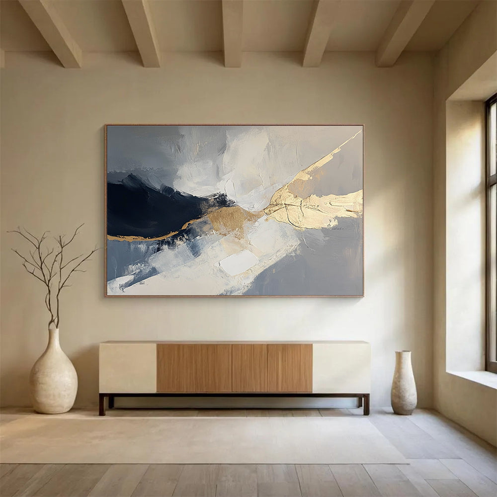 Gray and Gold Abstract Painting with Fluid Shapes DYP299