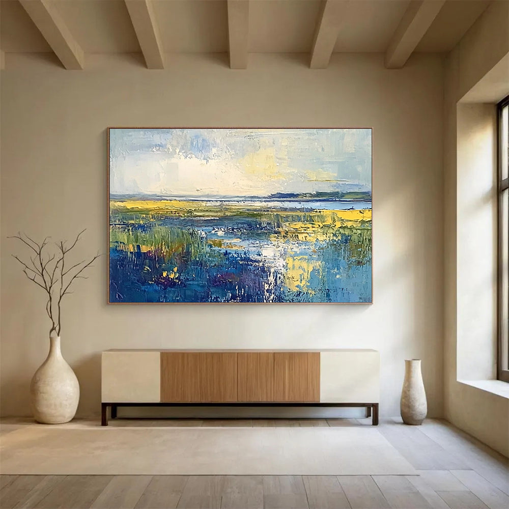 Large abstract landscape painting of the North Sea featuring blue green and yellow hues with an overcast sky on oil-painted canvas.SC072