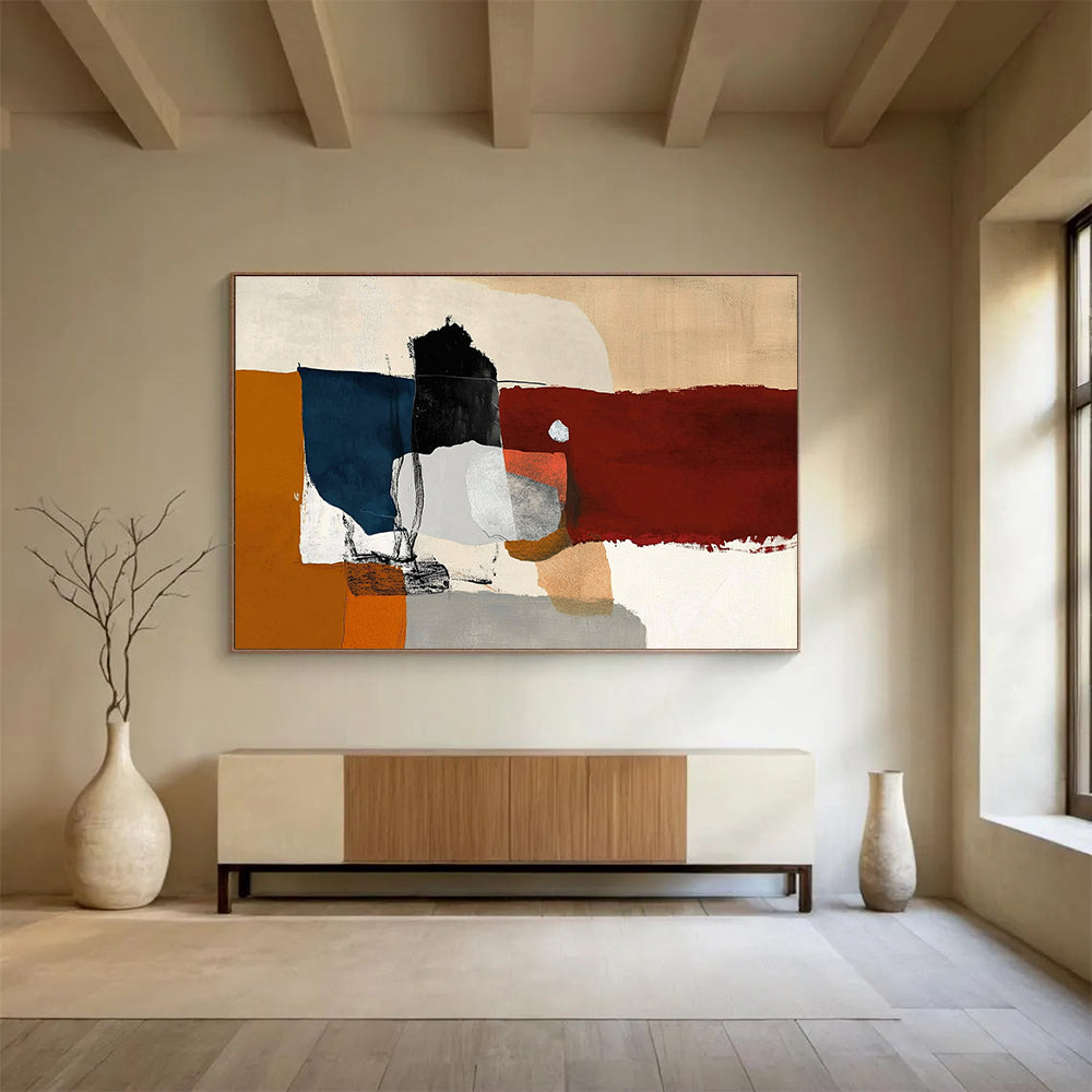 A large abstract painting featuring minimalistic shapes, dark red and orange hues, with white, grey, and blue accents in a loose collage style.SC329
