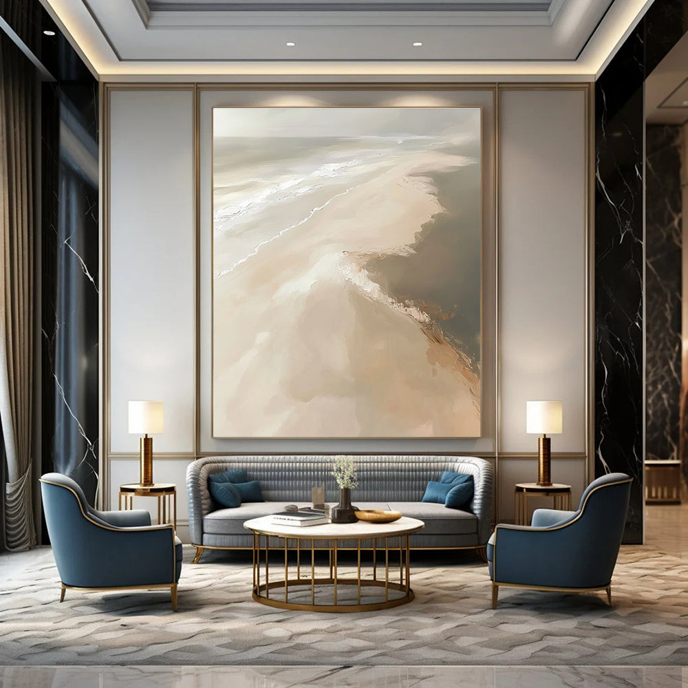 Large abstract painting depicting a sandy beach with soft tones and expressive brush strokes in a neutral color palette.STSC528
