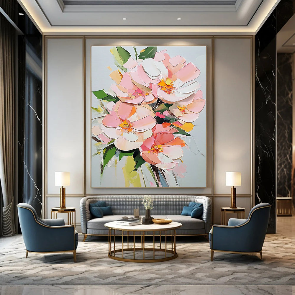 Large abstract painting featuring pink flowers and green leaves on a white background created with acrylic techniques.STSC1412