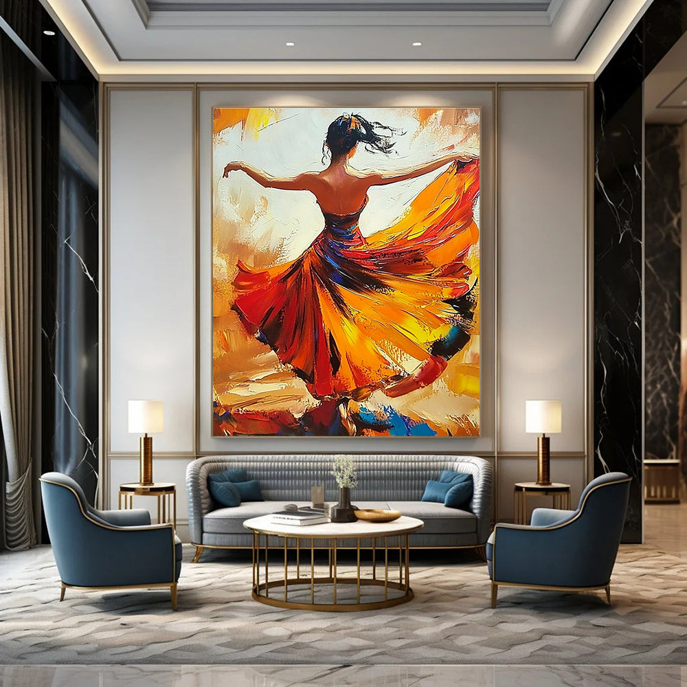 Abstract oil painting of a woman in a flowing flamenco dress dancing with her arms wide open in warm colors.STSC174