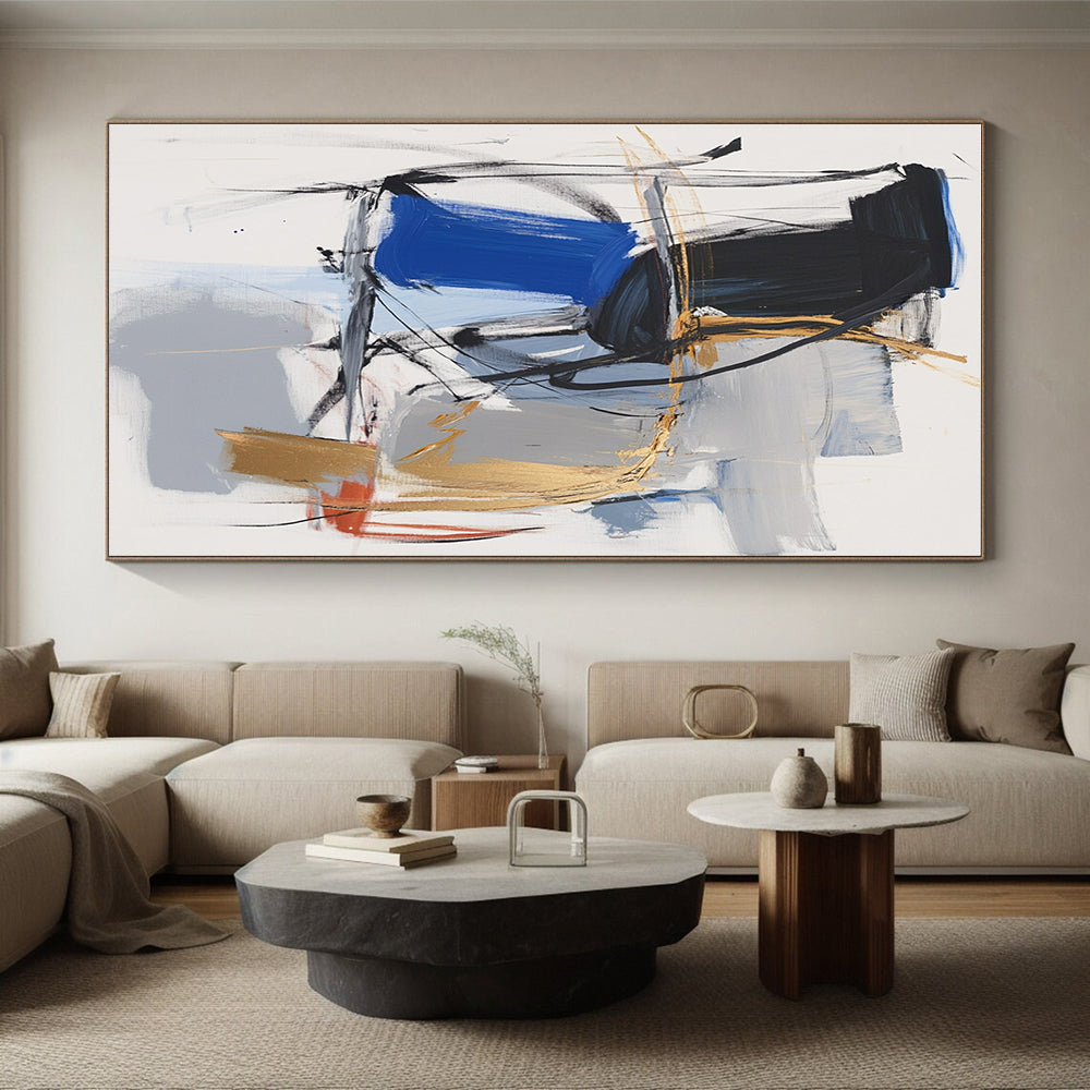 Blue Gray Gold Abstract Painting with Expressive Strokes GER804