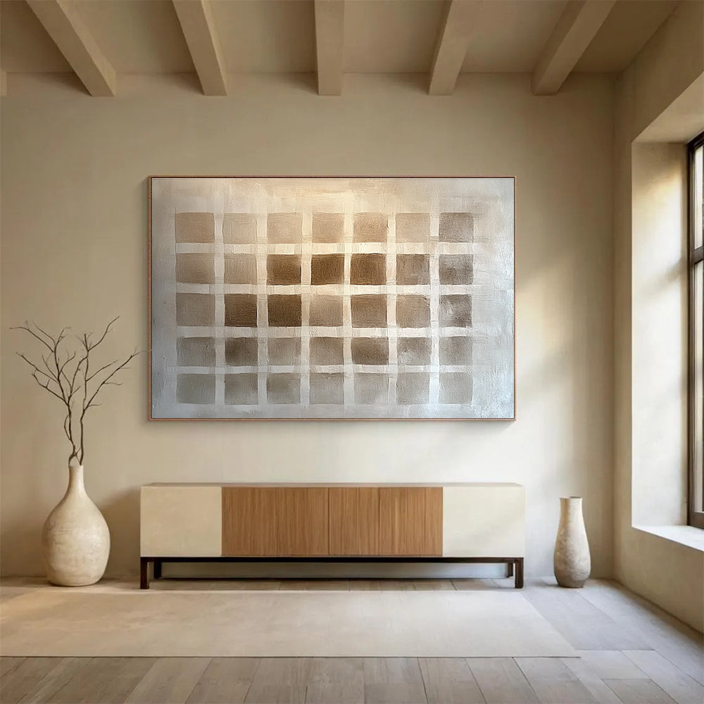 Large abstract painting featuring a symmetrical grid in brown shades, resembling woven fabric, with subtle shading for depth and texture.SC530
