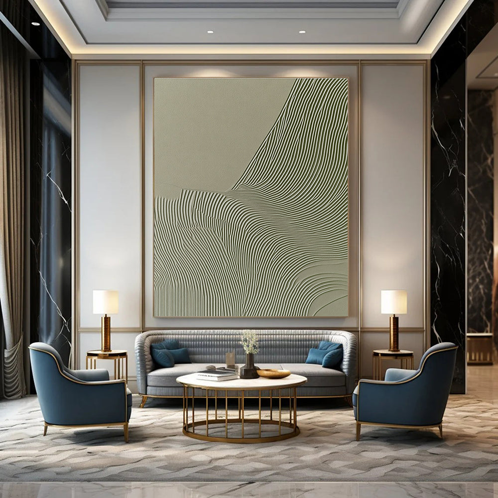 Abstract artwork featuring wavy lines on a gray background with organic shapes in beige and green evokes an elegant natural aesthetic for interior design.STSC998