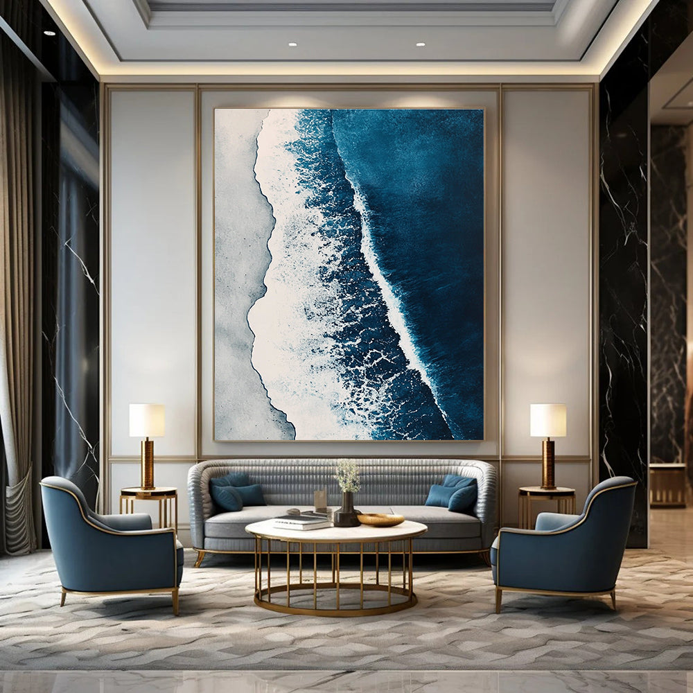 Abstract painting featuring ocean waves in shades of blue and white with elegant brushstrokes and a watercolor aesthetic in high-resolution detail.STSC531