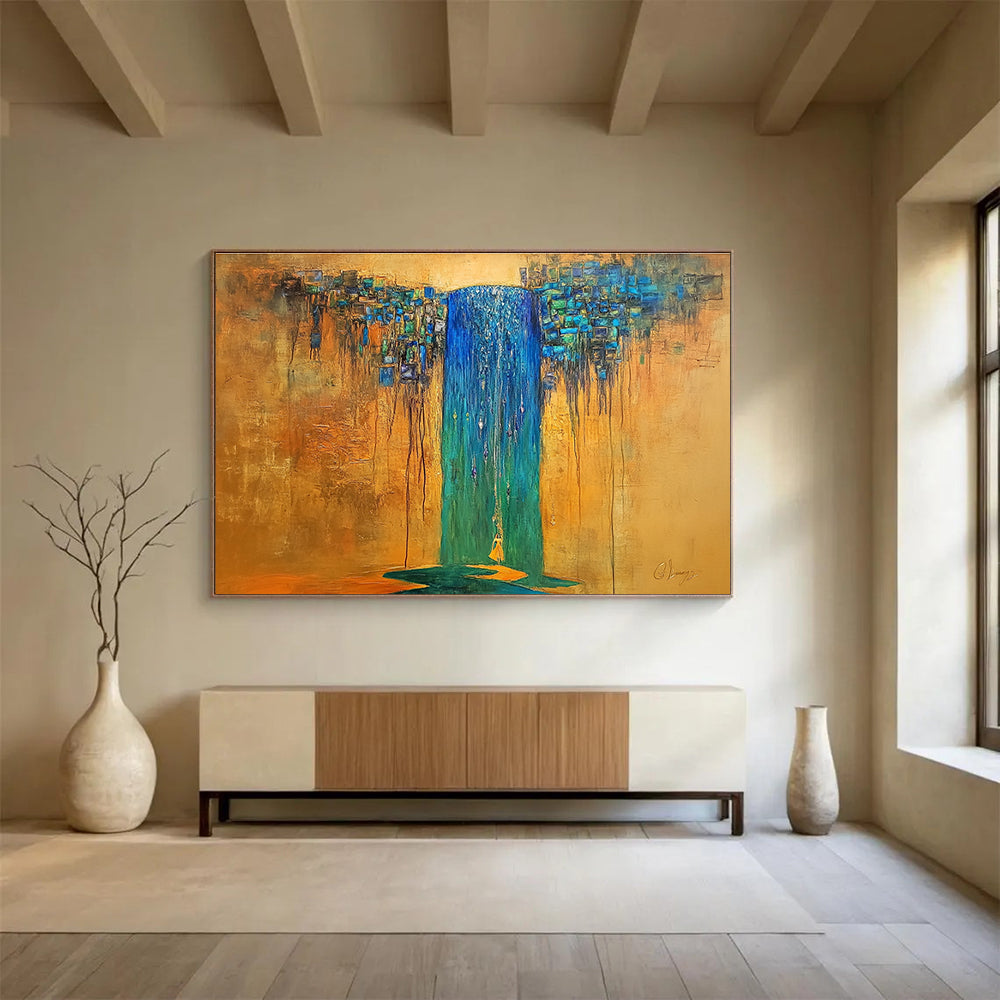A large abstract painting featuring an ancient waterfall in blue and green hues with a crystal-haired figure under gold sunlight.SC334