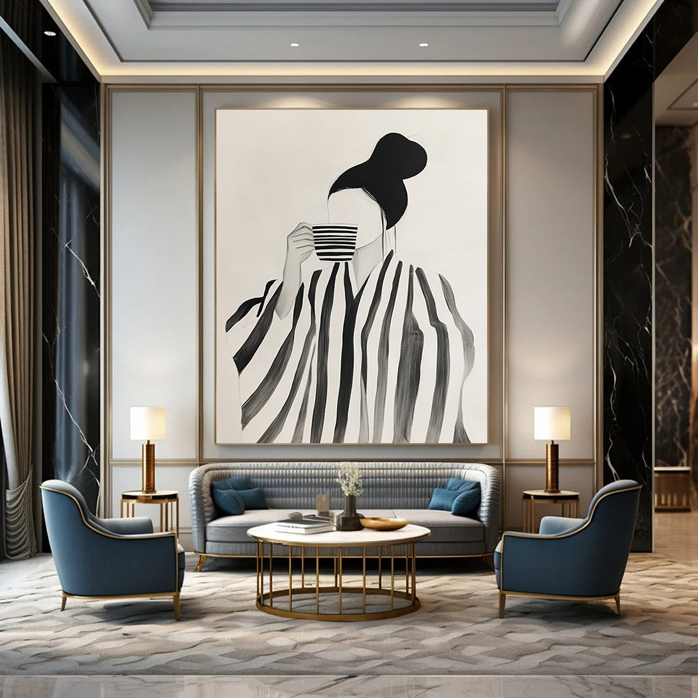 Abstract art featuring a woman in a striped robe enjoying coffee amidst neutral shapes in shades of black and grey on a white background.STSC1344