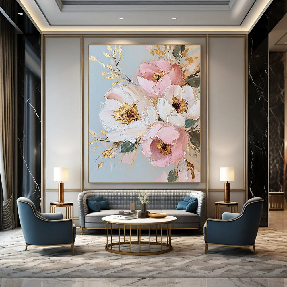 Large abstract painting featuring light pink and gold flowers on a light gray background with exquisite details and a white and cream style.STSC1375