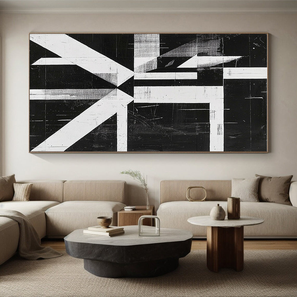 Black and White Geometric Abstract Painting with Angular Forms GER009