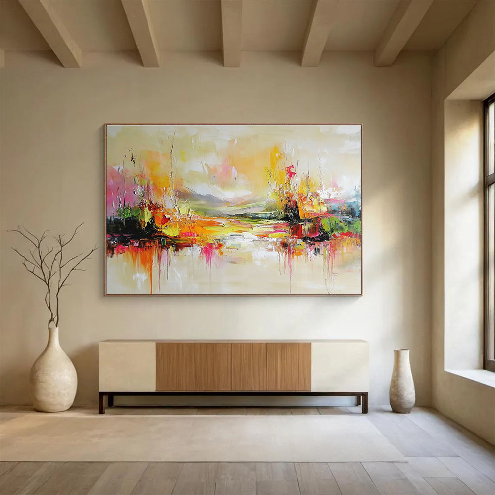 Large abstract painting featuring colorful landscape soft tones and intricate layers creating a dreamy tranquil ambiance that reflects nature.SC138