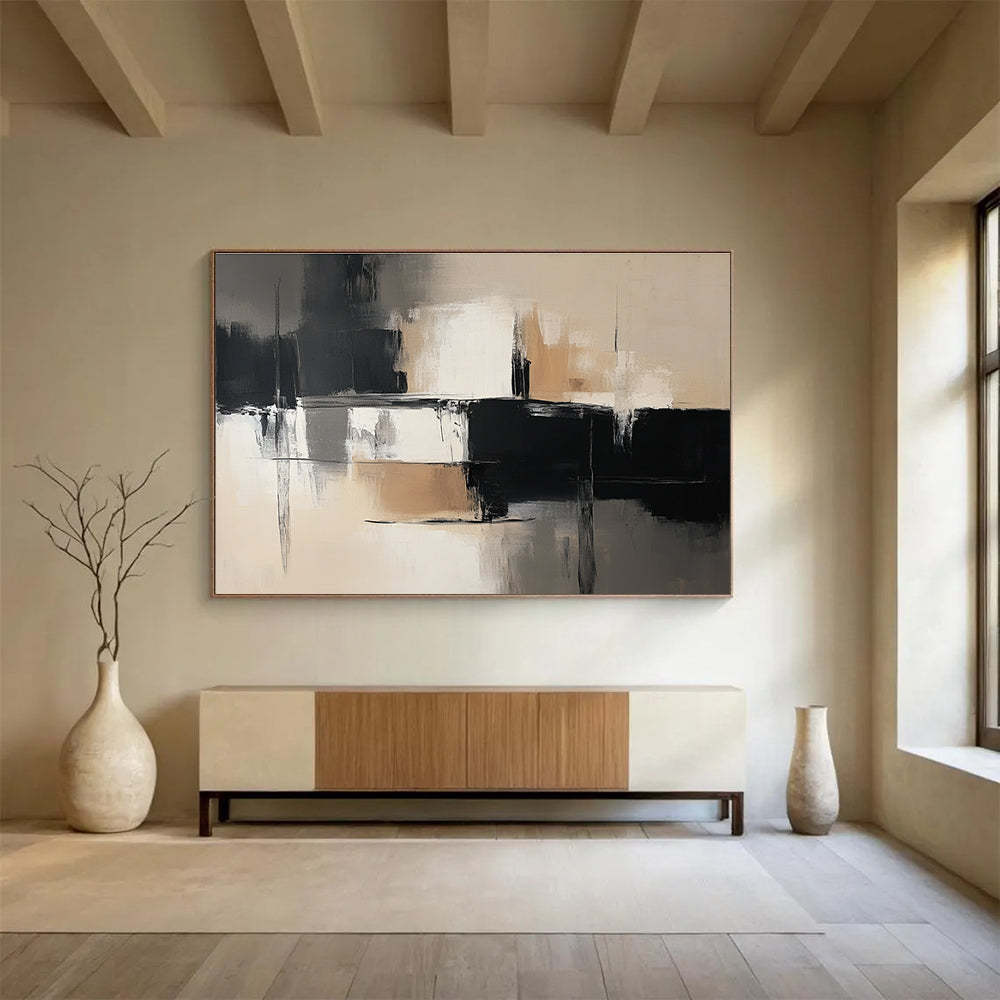 Abstract painting in black and white tones with beige accents showcasing simple lines, brushstrokes, and textured layers for harmonious light and shadow contrast.SC229