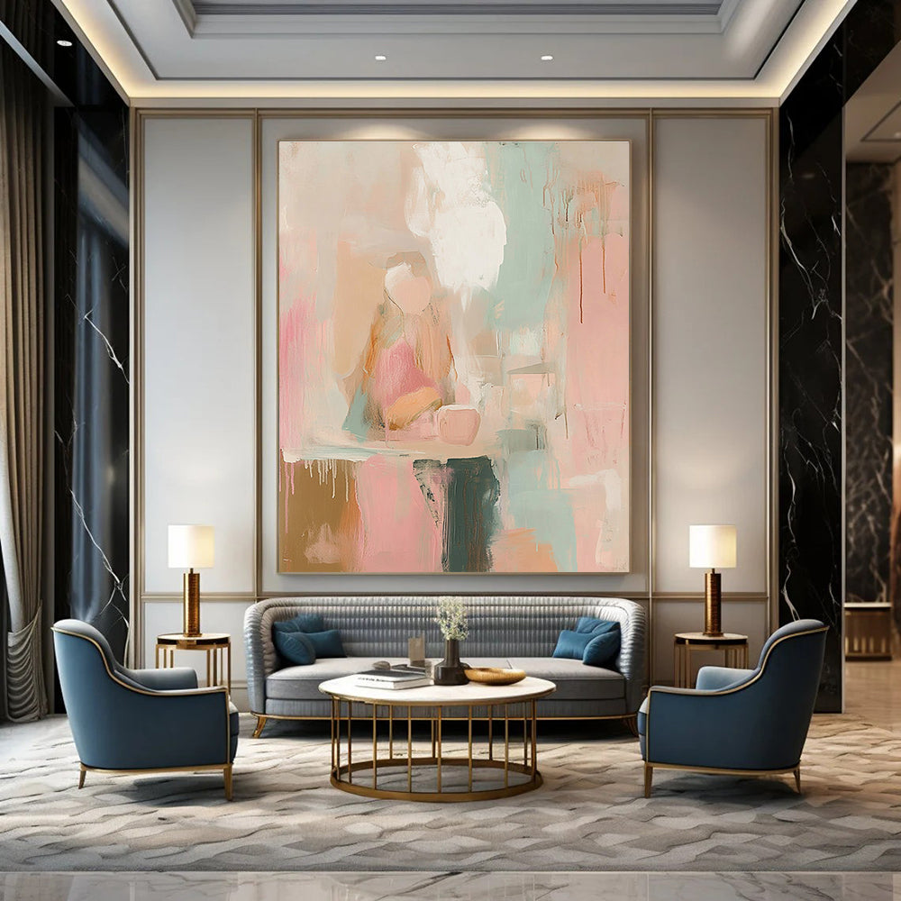 Abstract painting in soft pinks whites and sage green with loose brush strokes and vintage graffiti text evoking dreamy nostalgia and serene calmness.STSC805