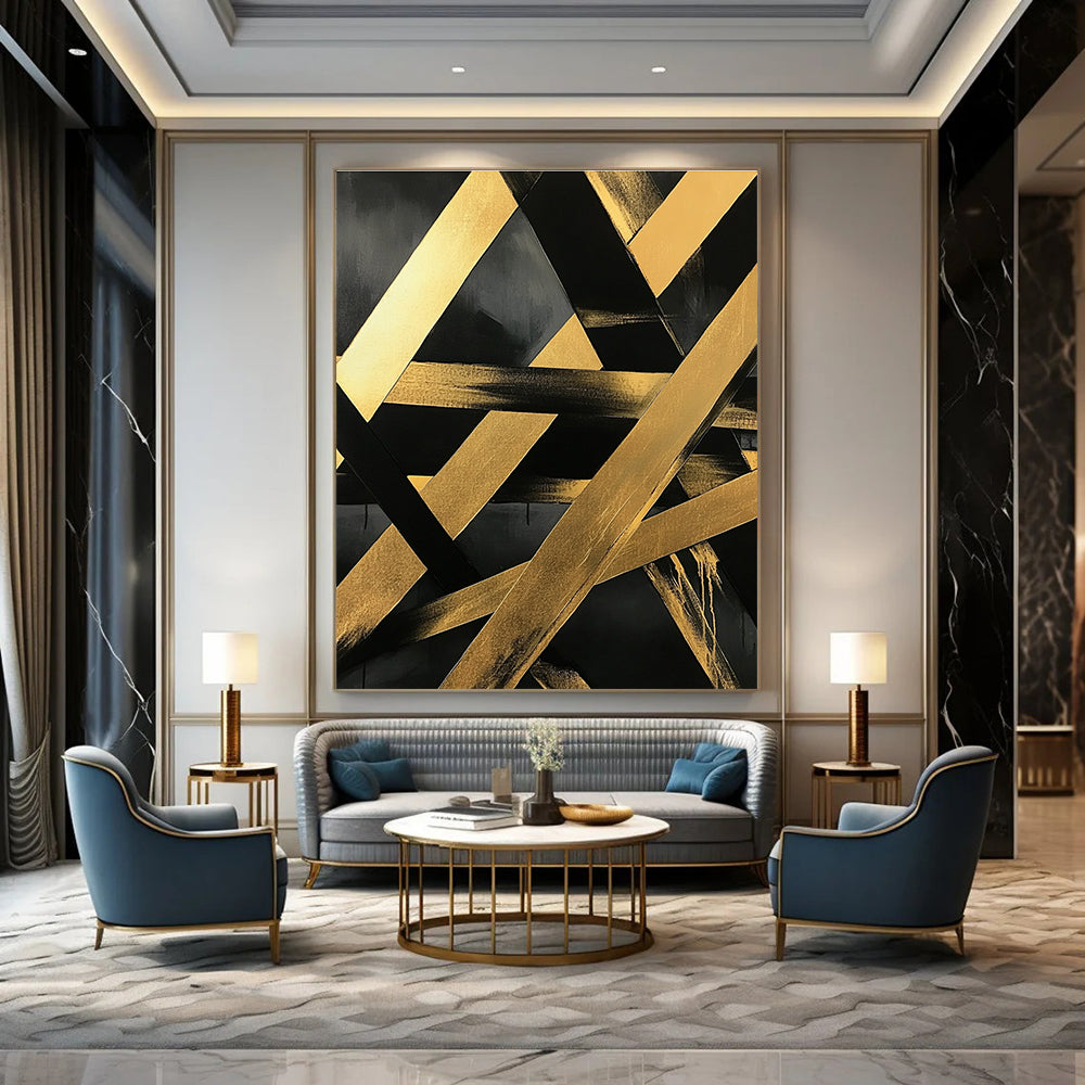 Large abstract painting featuring gold and black diagonal lines on a dark gray background with textured brushstrokes and intertwined golden metal beams.STSC1129