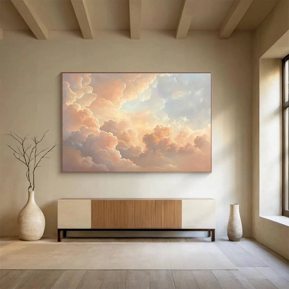 Fluffy Cloud Sky Abstract Painting with Peach and Blue Tones DYP564