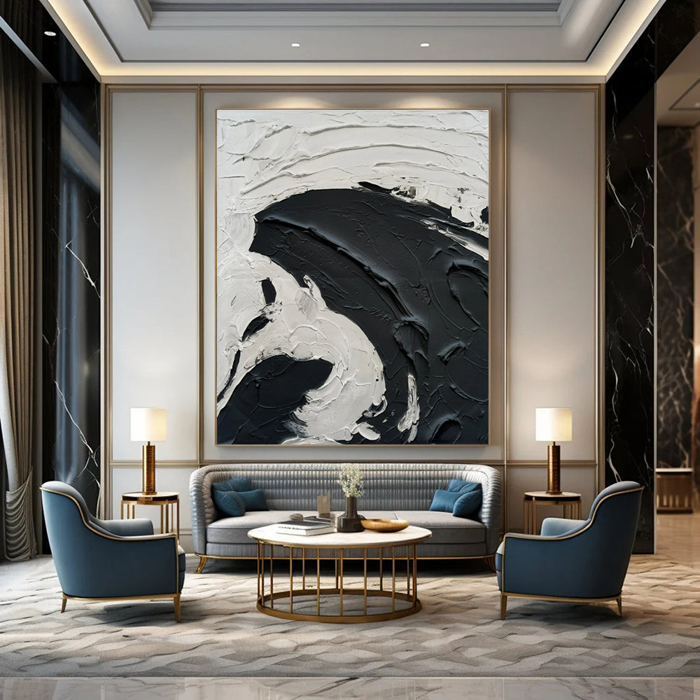Black and White Bold Textured Swirl Abstract Painting ADGE389