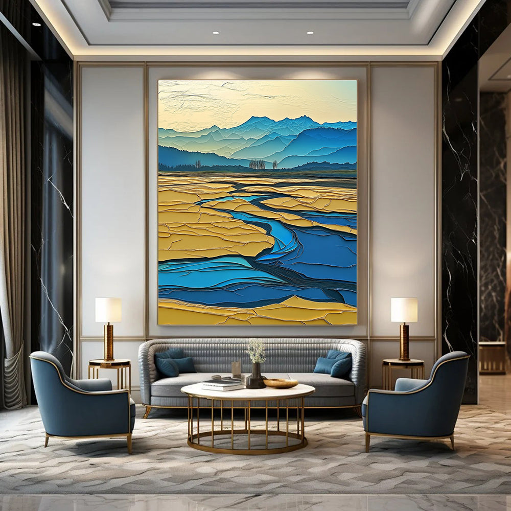 Large Abstract Painting Depicting A Surreal Winter Landscape With The Yellow River Distant Mountains And Vibrant Colors In A Layered Composition.STSC1438