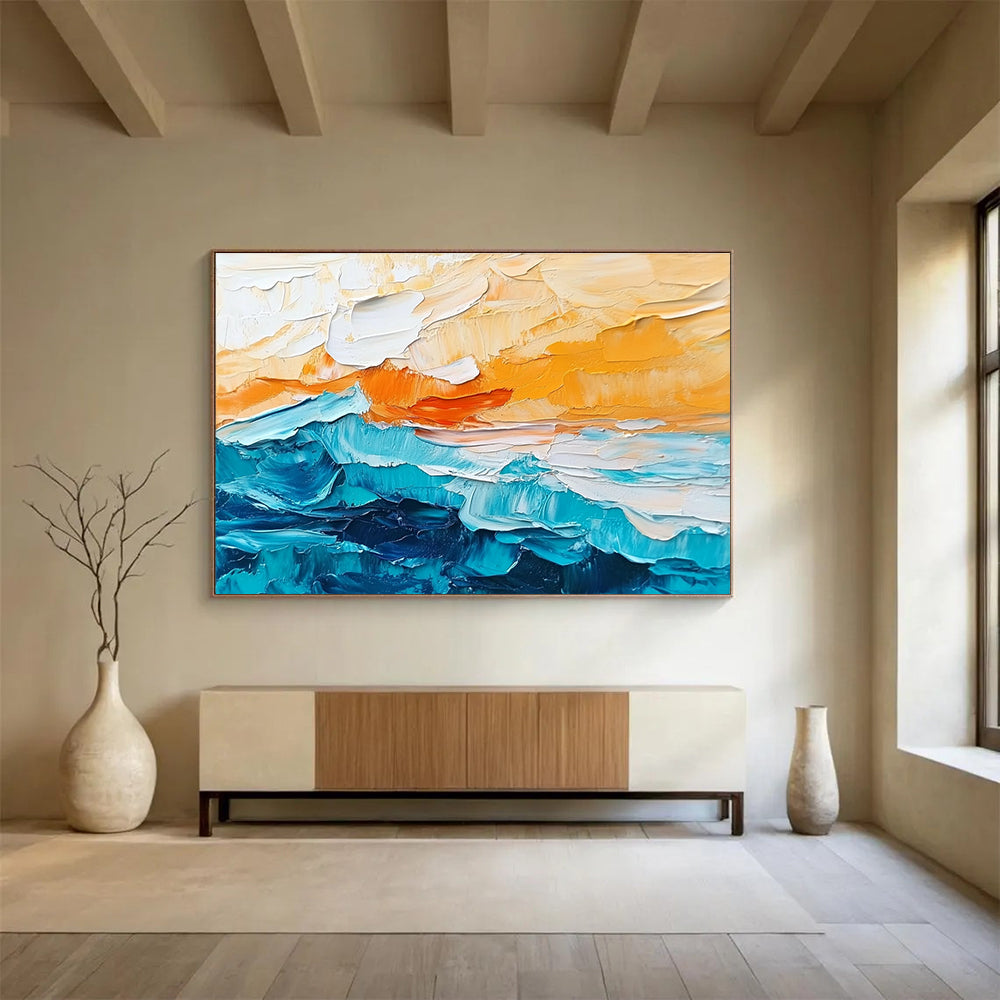 Textured Orange and Blue Waves Abstract Seascape Painting DYP291