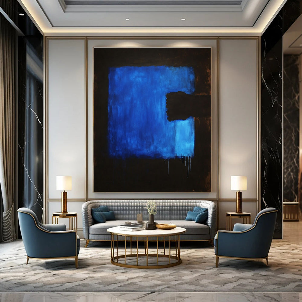 Large abstract painting featuring a dark blue background and a blue foreground, creating a striking visual depth and emotional resonance.STSC1313