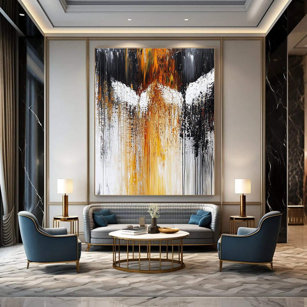 Large abstract painting featuring white angels with dark gray and amber hues heavy brush strokes and dripping paint in an expressive style.STSC203