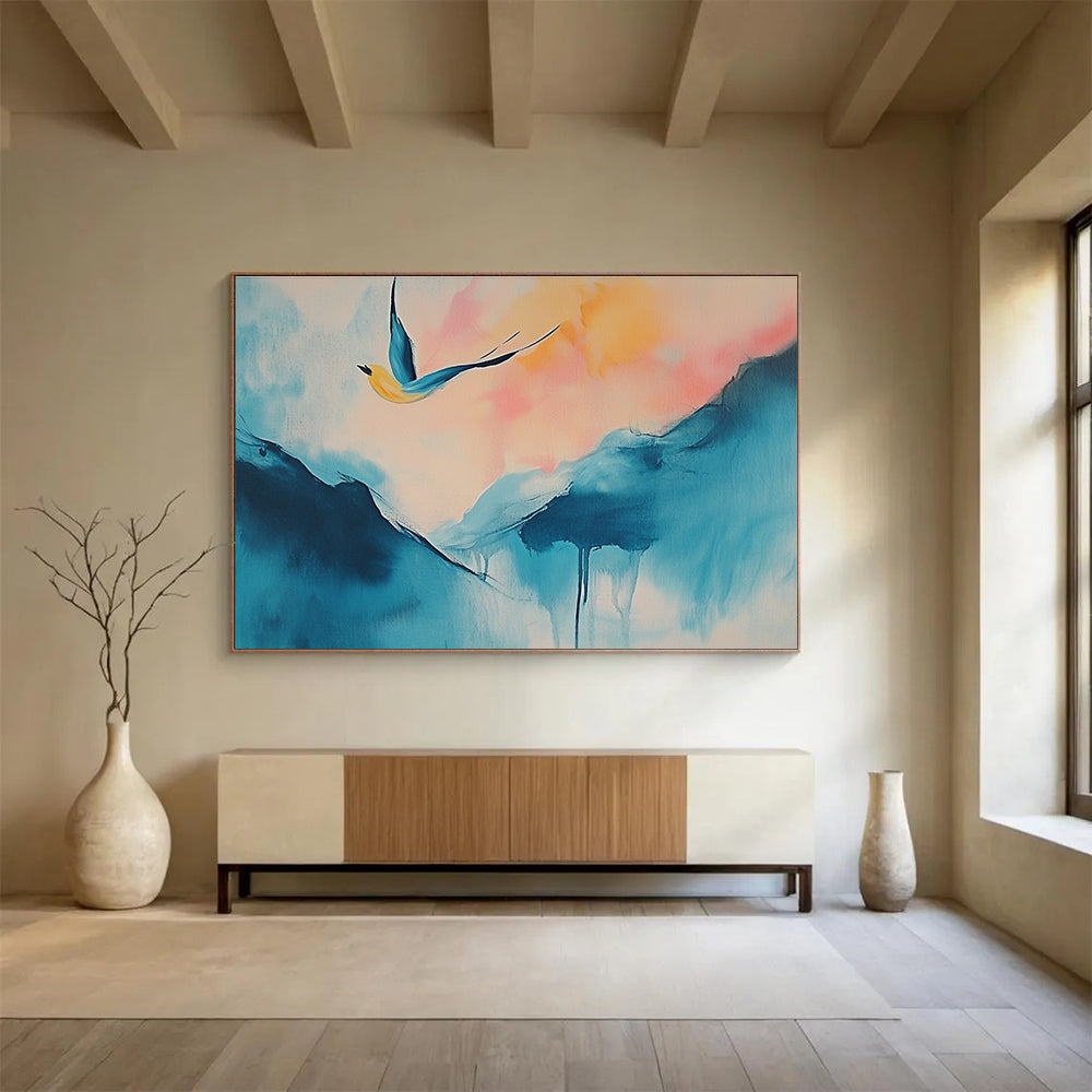 Large abstract painting of a serene island with soft blue pink hues and a joyful yellow bird above, evoking freedom and life's journey.SC554
