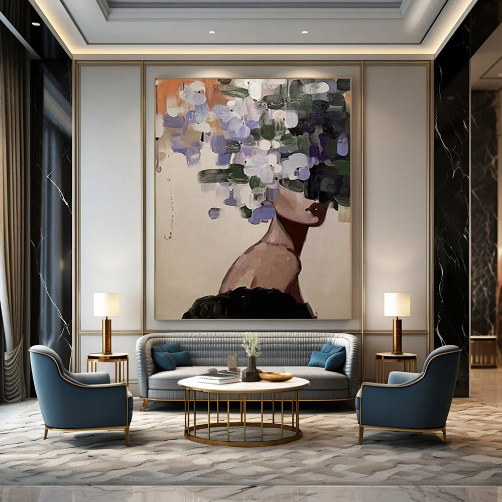 Figure with Flower Head Abstract Painting in Purple and Green ADGE309